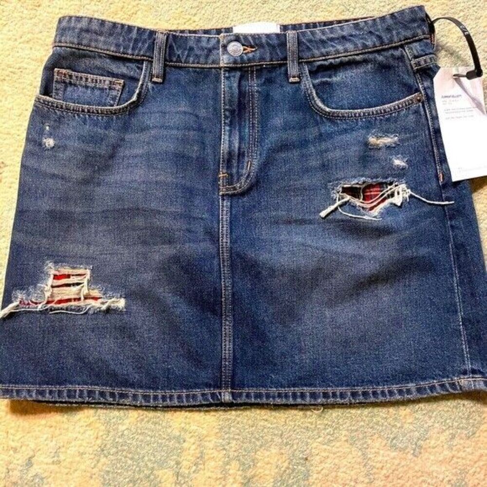 Current Elliott Distressed Denim Mini Skirt Blue Red Plaid Size‎ 32